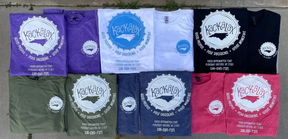 Kackalacky branded apparel in multiple garment colors